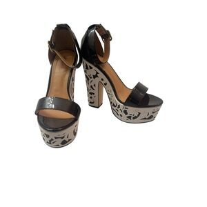 Just Fab Black Patent Platform Ankle Strap Heels Cutout Floral Chunky Block Heel